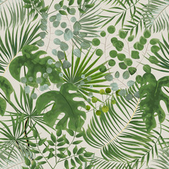 Fototapeta na wymiar seamless pattern of green leaves. green tropical background in watercolor style. Vector natural, Botanical, elegant pattern.