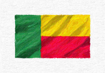 Benin hand painted waving national flag, oil paint isolated on white canvas, 3D illustration.