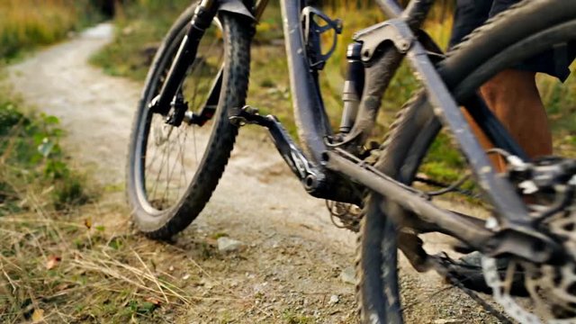 Mountain biker taking a bike and ride away from moving camera in autumn forest. Cyclist riding a bicycle in yellow fall woods. Slider stabilized video shot with Canon 5D mark III.