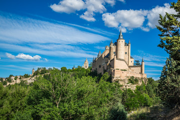 Fototapeta na wymiar Segovia, Spain. The famous Alcazar of Segovia, rising out on a rocky crag, built in 1120. Castilla y Leon.
