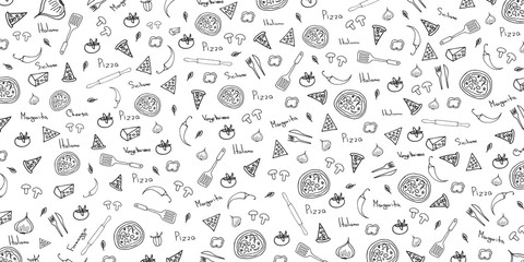 Pizza Pattern. Pizza Background in Doodle Style. Vector illustration - 198510573