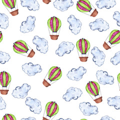 Seamless pattern with pink and green hot air balloons and clouds on white background. Hand drawn watercolor illustration.