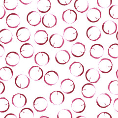 Seamless pattern wth red wine round stains on white background. Hand drawn watercolor illustration.