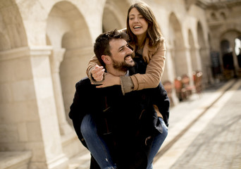 Loving couple walking and having fun in Budapest, Hungary