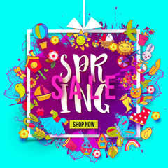 Hand drawn splash and Doodle icons in Spring Sale banner. For banners, posters, flyers, cards, invitations. Vector illustration. Detailed design with season symbols on fresh blue background.