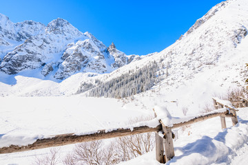 Frozen Morskie Oko lake in winter season, Tatra Mountains, Poland - obrazy, fototapety, plakaty