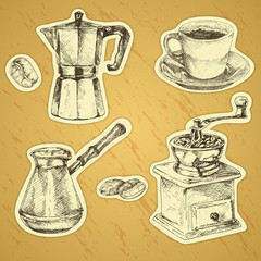 Coffee set. Hand drawn illustration. Set of stickers