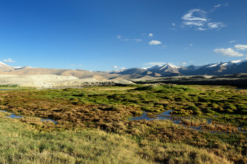 Tso Kar Lake in the Indian Himalaya - Karakorum mountains range spanning the borders of Pakistan, India. This region is a purpose of motorcycle expeditions organised by Indians