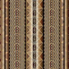 Striped geometric 3d greek key seamless borders pattern. Vector textured background. Lace, lines, waves,  vertical stripes, halftone, meanders, rhombus, triangles, zigzag. Surface greek ornaments.