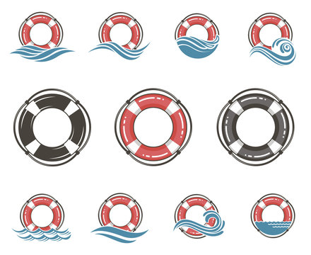 collection of lifebuoy symbol with sea waves