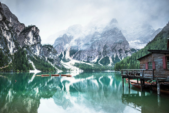 Braies lake and boats in mountain in Dolomites,Italy, Pragser Wildsee