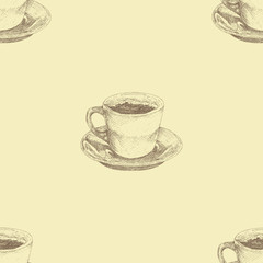 Seamless background with coffee cup. Hand drawn illustration in sketch style