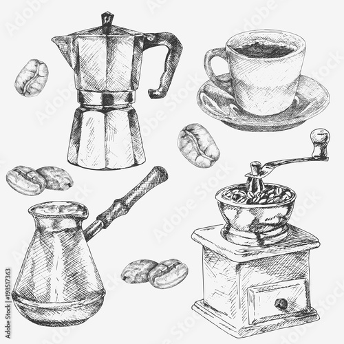 Hand Drawn Coffee Collection Cup Maker Grain Grinder Hand Drawn Coffee Collection Cup Maker Grain Grinder