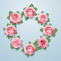 Fototapeta na wymiar Pattern of pink and beige roses and green leaves on a white background. flat lay, top view, Mixed media. Spring background, Valentine's day, March 8