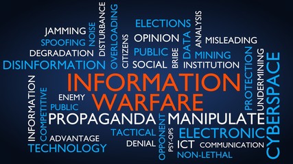 Information warfare word tag cloud. 3D rendering, blue variant. - obrazy, fototapety, plakaty
