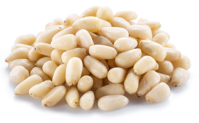 Pine nuts on the white background. Organic food.