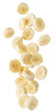 Peeled Banana Slices Are Falling Down. Vertical Picture.