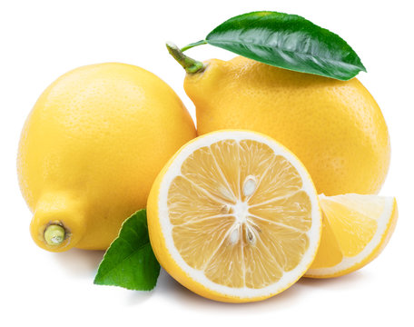 Lemon fruits, lemon slices with leaves on the white background.