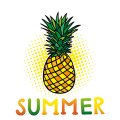 Colorful Pineapple Tropical Fruit. Vector Illustration. Summer Time Design Element, Summer card, Banner.