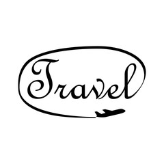 Logotipo Travel en ovalo con avion en color negro
