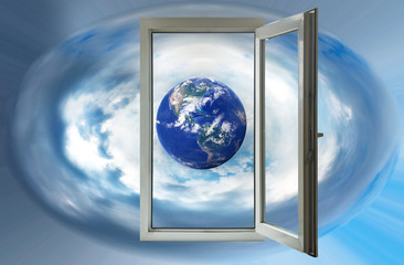 stylized image of planet earth in an open window
