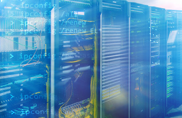Network server room with computers for digital communications and internet,abstract data concept.