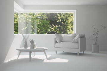 White room with armchair and green landscape in window. Scandinavian interior design. 3D illustration