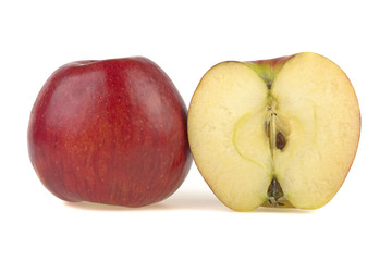red juicy apple, half apple vitamins isolated on white background