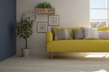 Idea of white minimalist room with sofa. Scandinavian interior design. 3D illustration