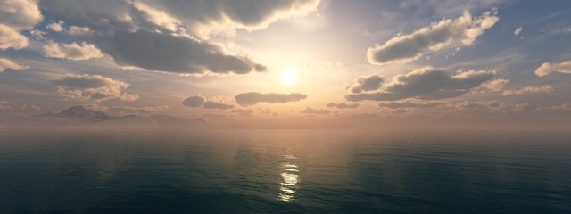 Fototapeta premium sea sunset, the sun over the water in the clouds, 3d rendering
