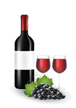 Wine bottle with glasses and grapes, vector