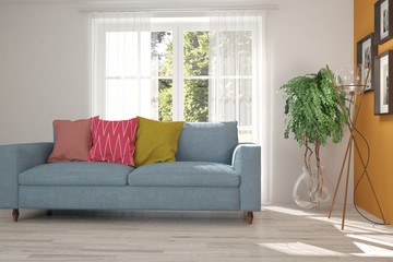 Idea of white room with sofa and summer landscape in window. Scandinavian interior design. 3D illustration