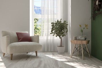 Idea of white room with armchair and summer landscape in window. Scandinavian interior design. 3D illustration