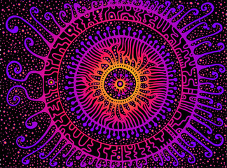 Mystical bright fantasy doodles ornament background.