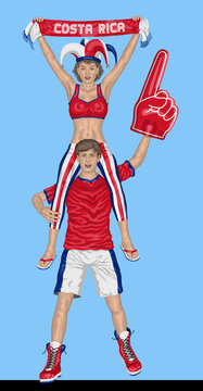 Costa Rican Fans Supporting Costa Rica Team with Scarf and Foam Finger