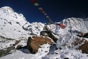 South Annapurna (left) and Annapurna I Main (right) 8,091 m (26,545 ft), Annapurna Massif, Himalayas, Nepal