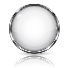 White glass 3d button with metal frame. With reflection on white background