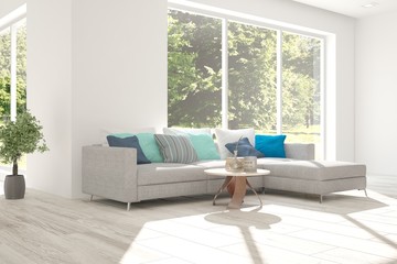 Idea of white room with sofa and summer landscape in window. Scandinavian interior design. 3D illustration