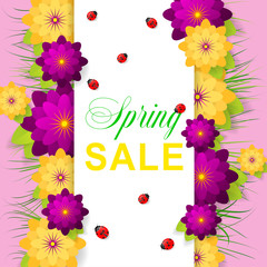 Spring sale background with beautiful flowers. Ladybug. Vector illustration
