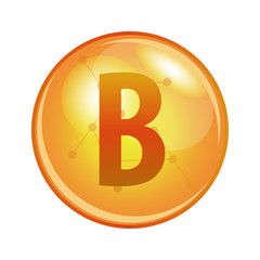 Vitamin B capsule. Vector icon for health. Gold shining pill.