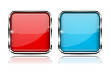 Glass buttons. Red and blue square 3d buttons with metal frame. With reflection on white background