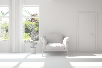 White room with armchair and green landscape in window. Scandinavian interior design. 3D illustration