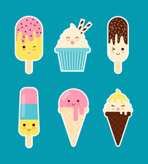 Cute ice cream characters. Funny design elements collection. Vector illustration.