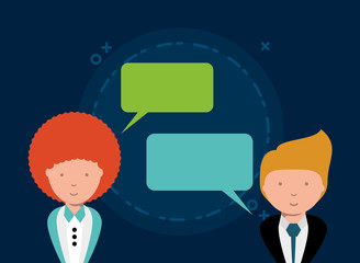 cartoon businessman and businesswoman with speech bubbles over blue background, colorful design. vector illustration