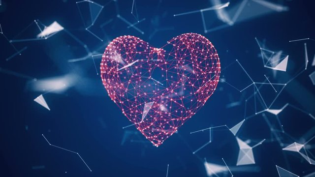 The digital heart icon is formed from particles in a network cloud