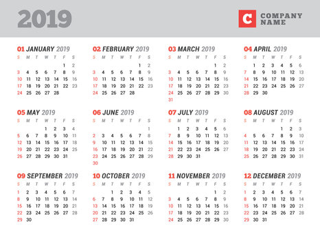 Calendar template for 2019 year. Stationery design. Week starts on Sunday. 12 Months on the page. Vector illustration