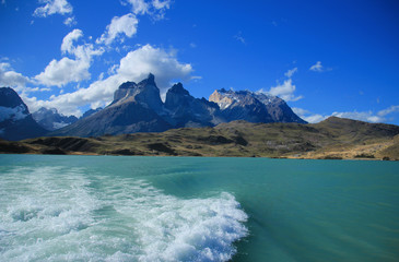 South America, Chile, Patagonia, View of cuernos del paine with lake pehoe