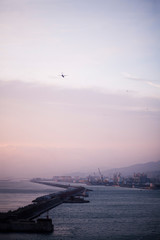 Fototapeta na wymiar tourist liner in the port at sunset
