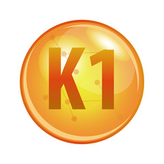 Vitamin K1 capsule. Vector icon for health. Gold shining pill.