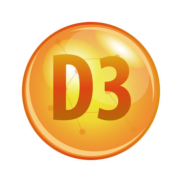 Vitamin D3 capsule. Vector icon for health. Gold shining pill.